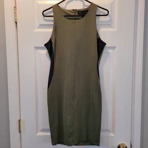 Army Green w Black Leather Detail Illusion Bodycon Dress, Size L